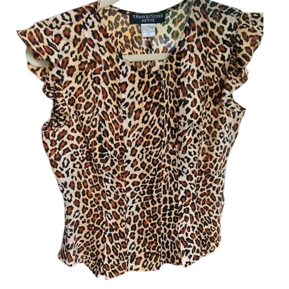 Transitions Petite Leopard Print Sleeveless Ruffled Silk Blouse Size 4P